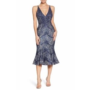Dress The Population Midi Dress Medium Blue Lace Isabelle Mermaid Hem Cocktail